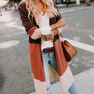 Orange & Burgundy Color Block Long Cardigan